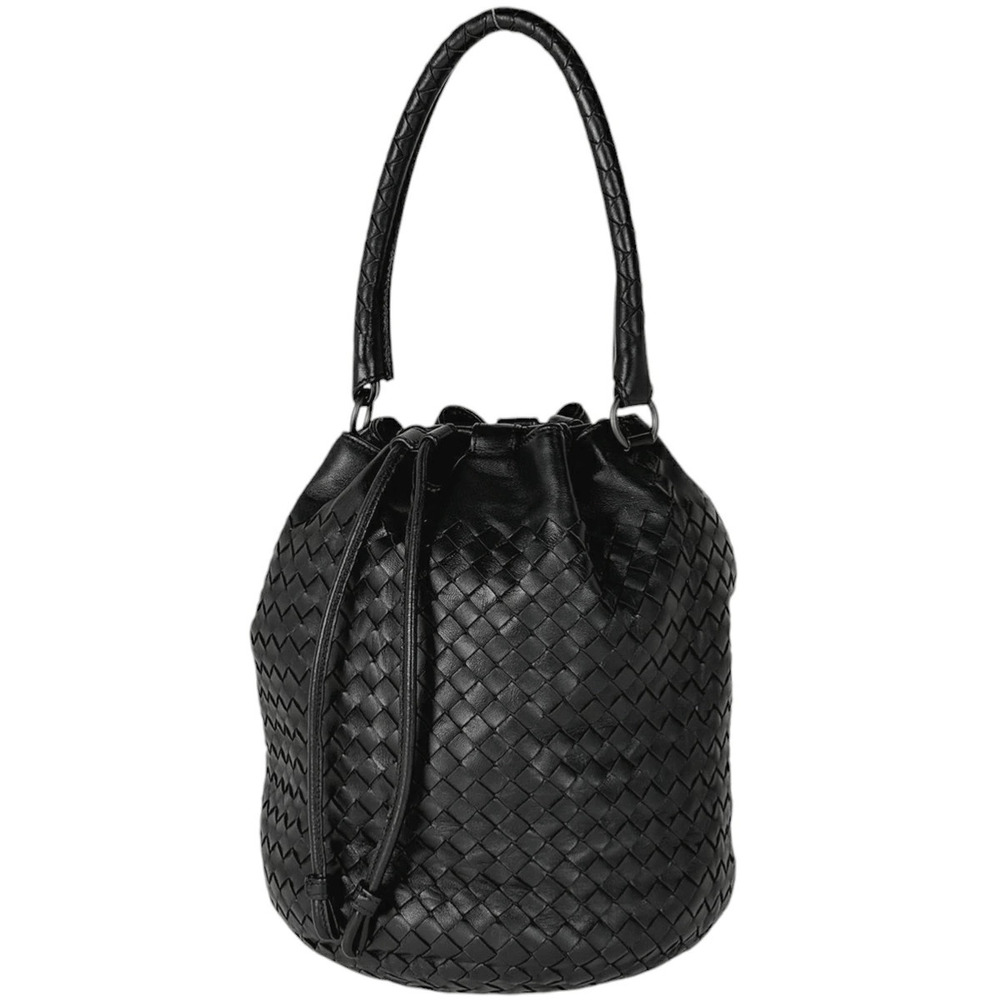 Bottega Veneta Intrecciato Shoulder Bag Drawstring Handbag Leather Black